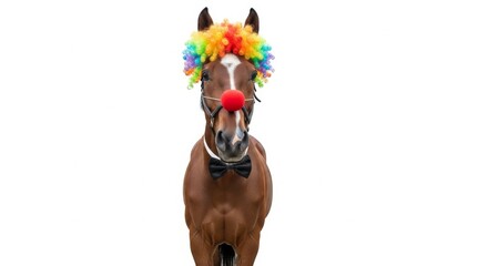 A horse dressed as a clown with a colorful wig, red nose, and bow tie. Humorous and surreal animal portrait on white background