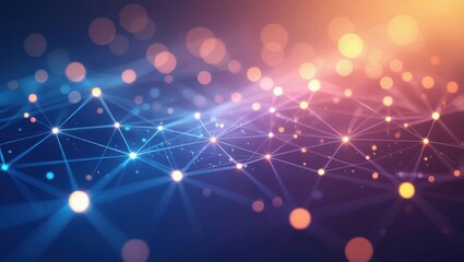 Fototapeta premium Abstract glowing network of interconnected luminous nodes and lines with soft bokeh background in blue and orange hues