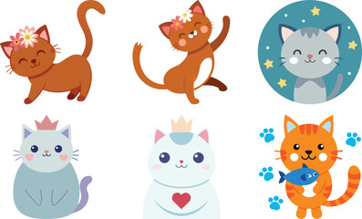 Vector art of set of adorable cartoon cats isolated on transparent background, perfect for kids projects and designs