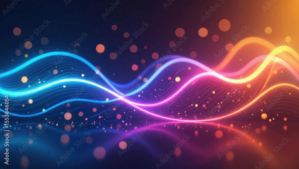 Poster vibrant neon waves flowing across a dark background with bokeh and reflections