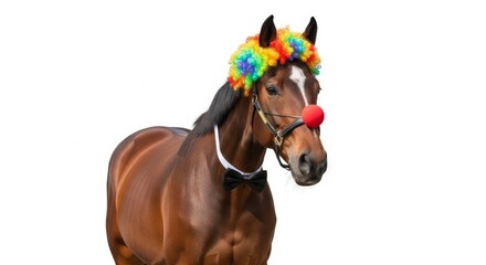 A horse dressed as a clown with a colorful wig, red nose, and bow tie. Humorous and surreal animal portrait on white background