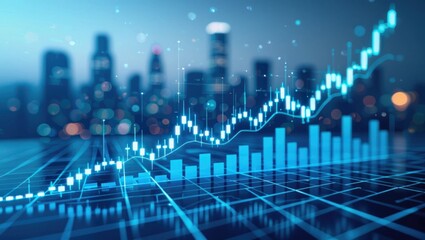 Digital financial growth visualization with upward trend candlestick chart and city skyline backdrop