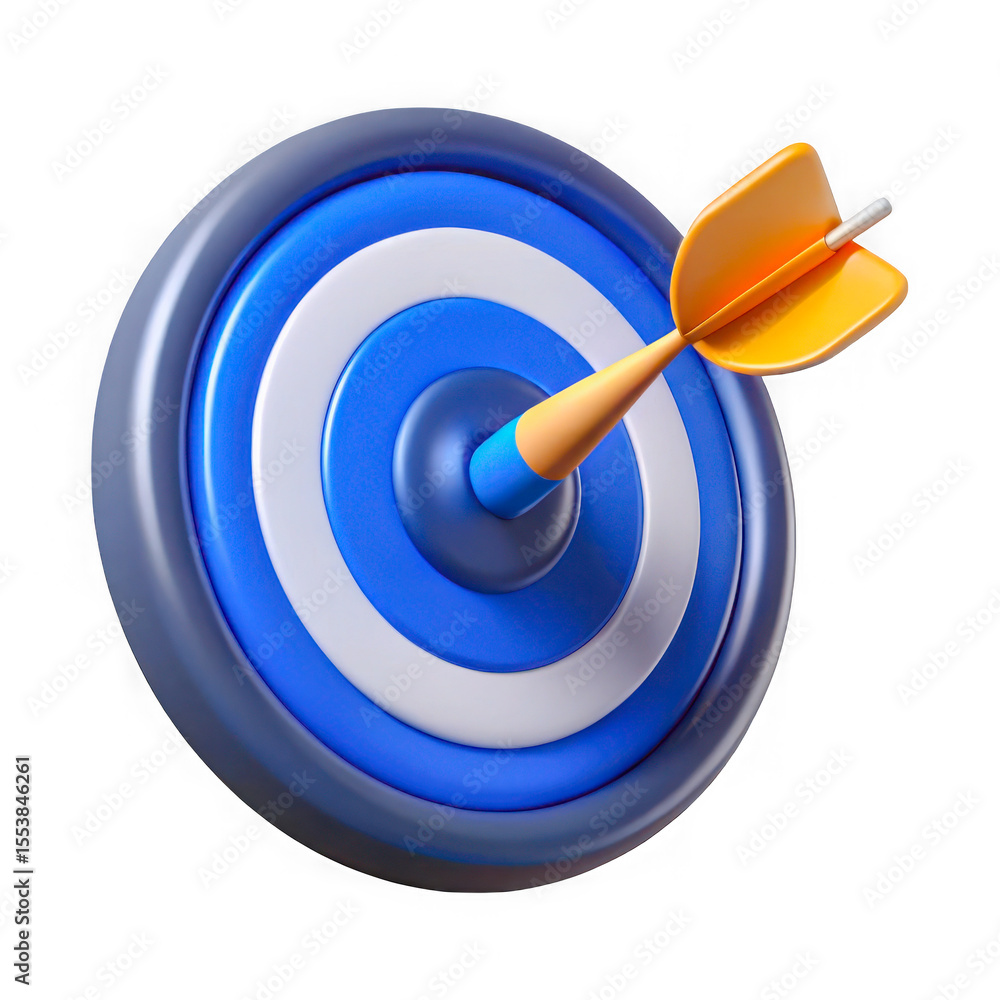 Poster 3d dartboard with orange dart hitting bullseye isolated on transparent background
