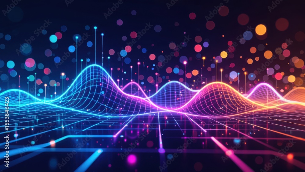 Poster vibrant neon data waves and bokeh lights representing digital information flow and connectivity