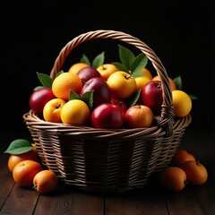 Artificial fruits lie in a wicker basket. Still life with dark lighting. Background