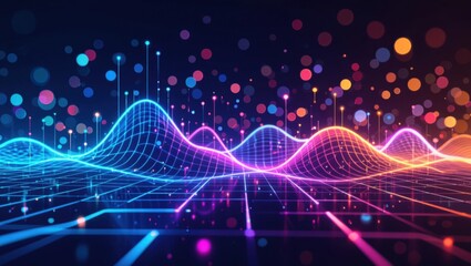 Vibrant neon data waves and bokeh lights representing digital information flow and connectivity