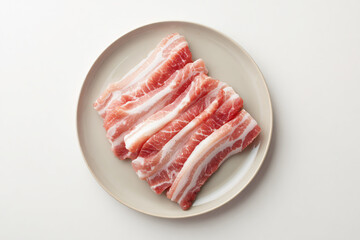 Sliced raw pork belly arranged neatly on white plate for food preparation