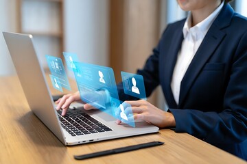 Man in Suit Holding Tablet Displaying Chatbot Conversation with AI Robot Icon