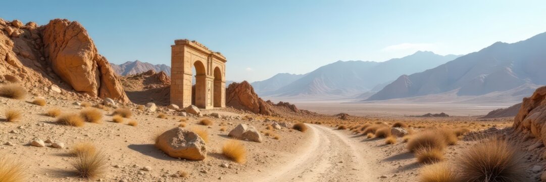 Ancient ruins in desert landscape of Zagros mountains, Sandy dunes, Ancient ruins