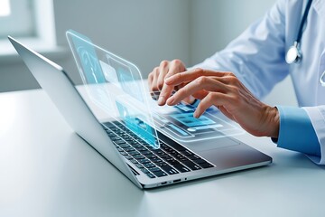 Doctor Analyzing Complex Medical Data on Futuristic Digital Display Screen