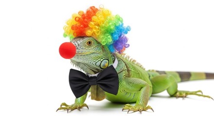 A iguana dressed as a clown with a colorful wig, red nose, and bow tie. Humorous and surreal animal portrait on white background