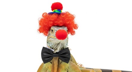 A iguana dressed as a clown with a colorful wig, red nose, and bow tie. Humorous and surreal animal portrait on white background
