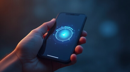 holographic fingerprint scanner in action, scanning light beam over fingertip, personal data security, glowing digital effect