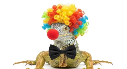 A iguana dressed as a clown with a colorful wig, red nose, and bow tie. Humorous and surreal animal portrait on white background