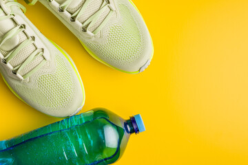 Sport running shoes and water bottle on yellow background. Top view.