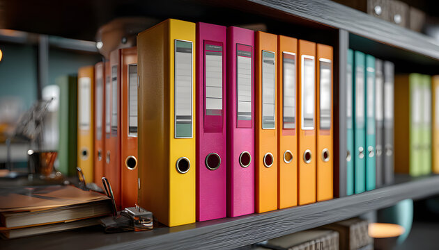 Organized technical documentation manuals in binders. Information stored, accessible. Office documents, reports, handbooks for business, education. Archive, data, files, paperwork, information,