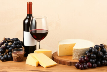 Bottle and glass of red wine with cheese and grapes displayed on wooden table