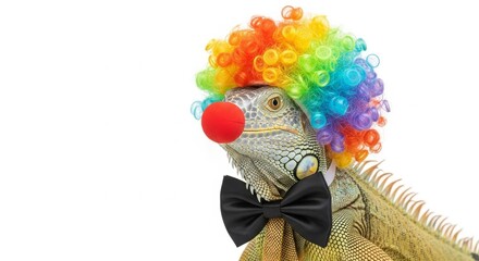 A iguana dressed as a clown with a colorful wig, red nose, and bow tie. Humorous and surreal animal portrait on white background