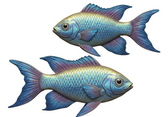 Isolated Pair of Iridescent Blue Fish Swimming Together