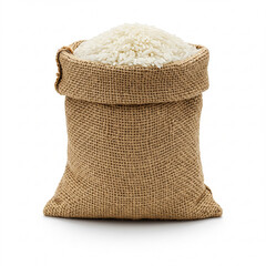 white rice in burlap sack natural food harvest grain isolated on white