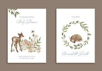 Editable Woodland Baby Shower Invitation and Birth Announcement Template with Cute Deer, Bunnies and Leaves – Watercolor Set in Neutral Tones for Printable Cards and Nursery Decor