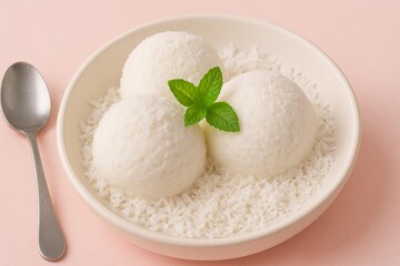 Close-up photo of a dessert bowl filled with three perfectly rounded scoops of white coconut ice cream. 