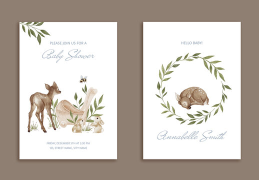 Editable Woodland Baby Shower Invitation and Birth Announcement Template with Cute Deer, Bunnies and Leaves &ndash; Watercolor Set in Neutral Tones for Printable Cards and Nursery Decor