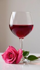 Elegant red wine glass, single pink rose beside it , bouquet, object, fresh