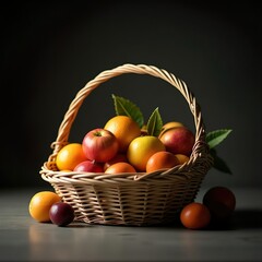 Artificial fruits lie in a wicker basket. Still life with dark lighting. Background