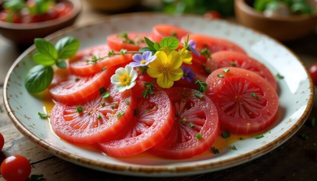 Freshly cut chuzo desgranado arranged in a decorative tray, garnished with edible flowers and herbs, tray, kitchen