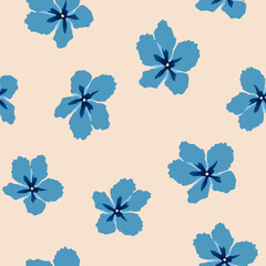 seamless pattern with blue flowers on a light beige background, vector illustration eps10, for textile prints and for your floral designs