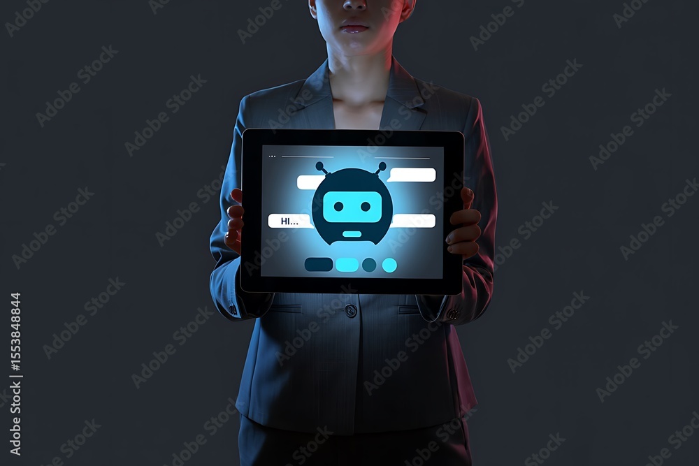 Poster person holding tablet displaying a friendly robot interface and futuristic technology concepts