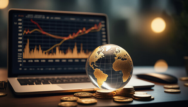 A globe rests on coins in front of a laptop displaying stock charts, symbolizing global finance and market dynamics.