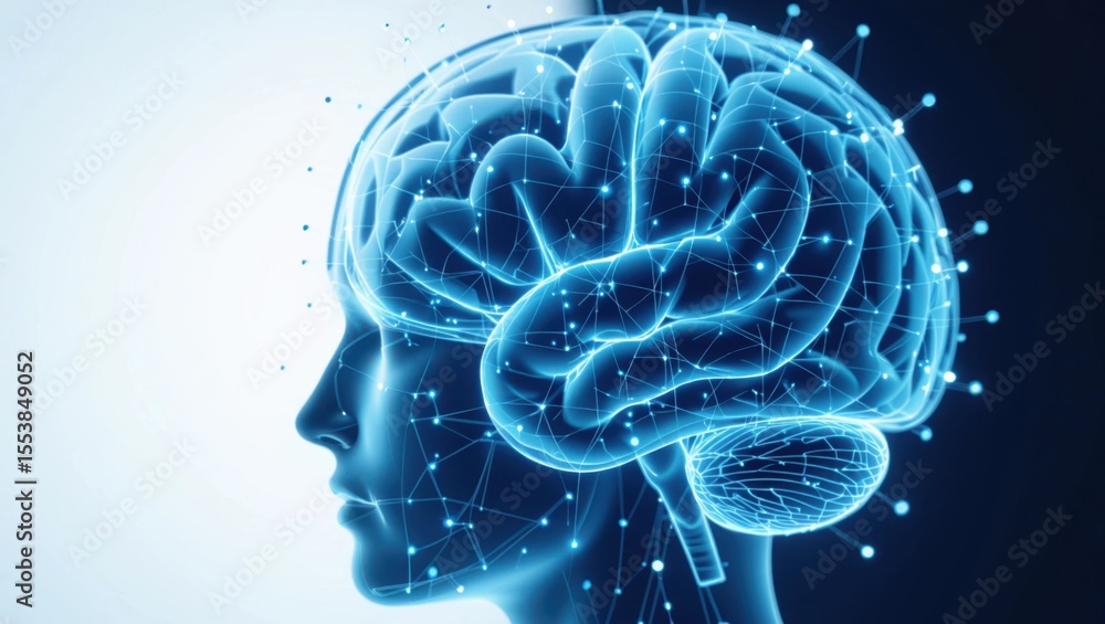 Poster abstract digital visualization of a glowing blue human brain with neural network connections and glo