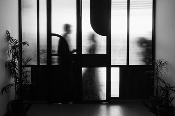 Abstract monochrome indoor view of figures behind textured glass door, flanked by potted plants,...