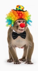 A monkey dressed as a clown with a colorful wig, red nose, and bow tie. Humorous and surreal animal portrait on white background