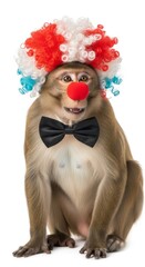 A monkey dressed as a clown with a colorful wig, red nose, and bow tie. Humorous and surreal animal portrait on white background