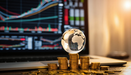 A globe rests on coins in front of a laptop displaying stock charts, symbolizing global finance and market dynamics.