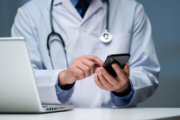 Doctor using smartphone near laptop for medical consultation and patient care