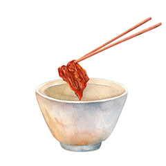 Kimchi, chopsticks and bowl. Watercolor illustrations are hand drawn. Isolated on white background. For invitations, posters and cards