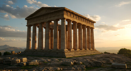Obraz premium Ancient Greek temple at sunset, majestic columns and stone structure atop a hill.