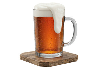 Isolated Overflowing Beer Mug on Wooden Coaster