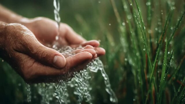 Embracing nature's essence with water in lush green surroundings at dawn