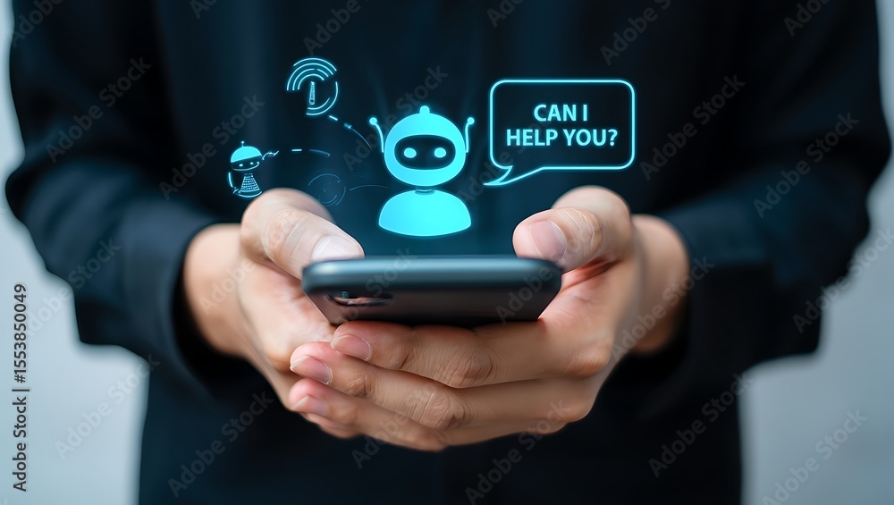 Aufkleber using a smartphone to access ai chatbot services for customer assistance and information
