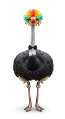 Ostrich dressed as a clown with a colorful wig, red nose, and bow tie. Humorous and surreal animal portrait on white background
