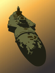 Futuristic illustration of a submarine in space, against a background colored in orange sunset. Vector illustration  For inspiration and creation of unique designs in a fantastic style