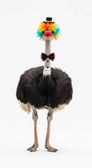 Ostrich dressed as a clown with a colorful wig, red nose, and bow tie. Humorous and surreal animal portrait on white background