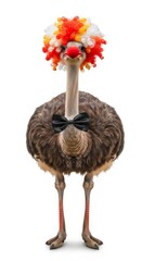 Ostrich dressed as a clown with a colorful wig, red nose, and bow tie. Humorous and surreal animal portrait on white background