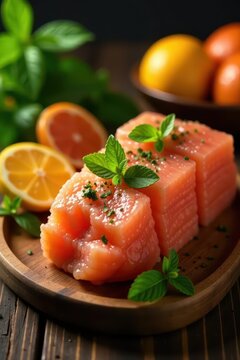 Chuzo desgranado displayed on a elegant wooden tray, surrounded by greenery and citrus slices, display, greenery