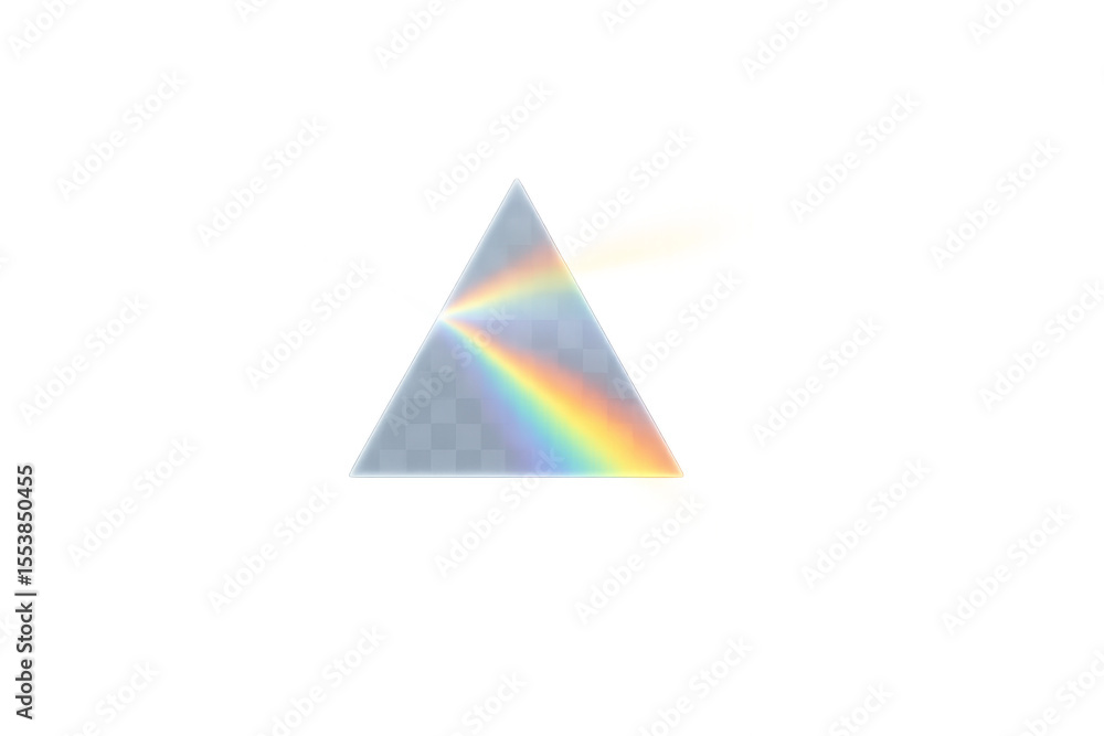 Poster realistic light dispersion effect with triangular prism refracting light beam creating rainbow spect